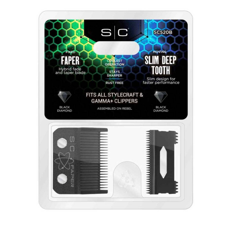 StyleCraft S|C Replacement Double Black Diamond Carbon DLC Fixed Fade Blade with Shallow Tooth Cutter 2.0 Clipper Blade Set