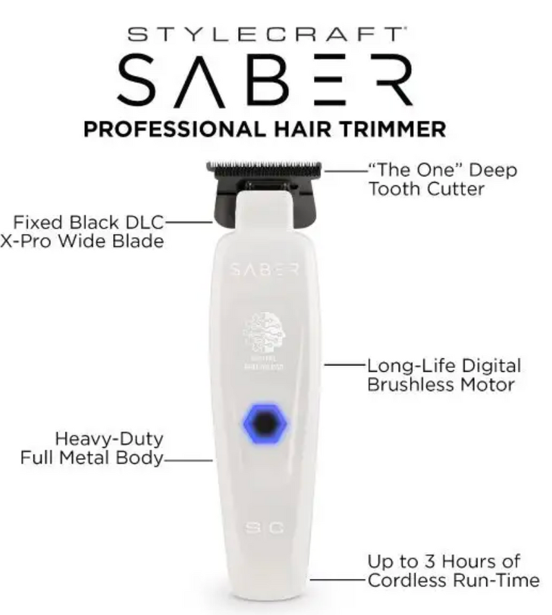 Stylecraft S|C saber professional hair trimmer with digital brushless motor – white SC421W